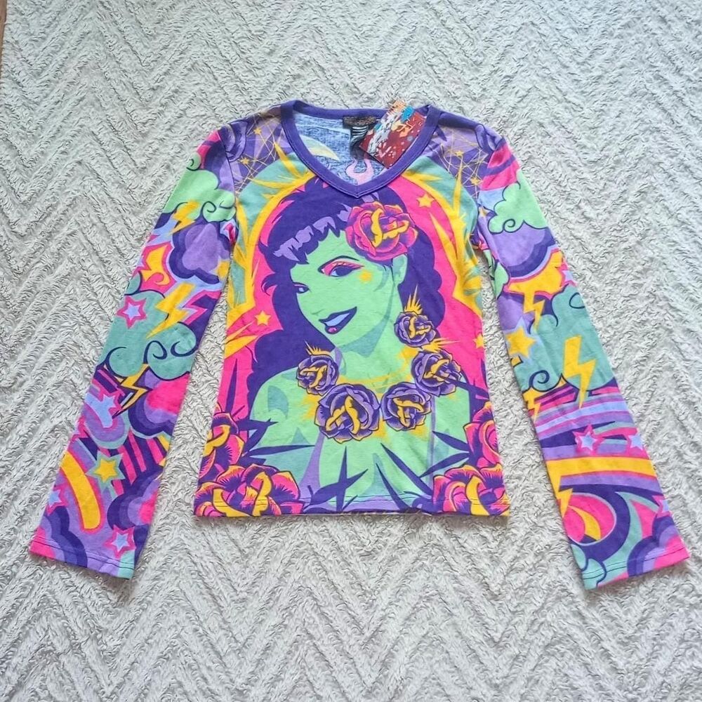 Y2K Hayes Funky Tropical Girl Birdies Graphic Top